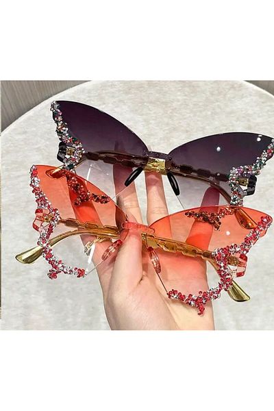SUNA Stylish Butterfly-Shaped Rimless Fashion Sunglasses with Shimmering Stones