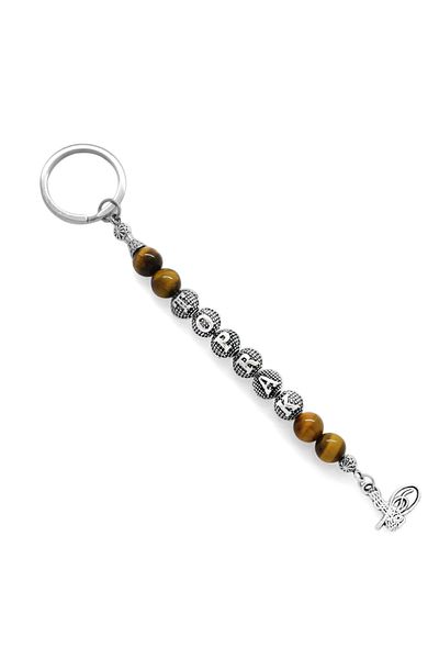 Tesbihane Natural Stone and Steel Combination Non-tarnish Metal keychain - Name Written Tiger Eye