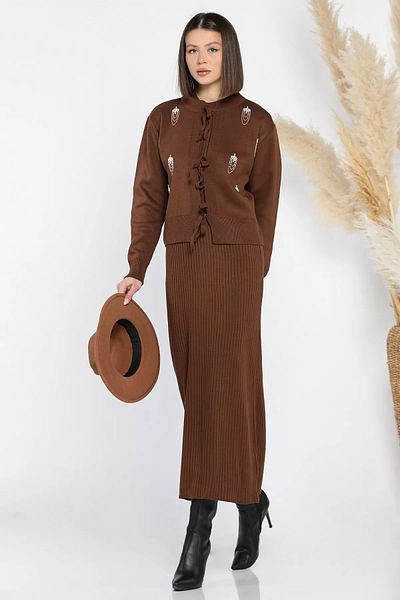 GÜLSELİ Brown Women's Pearl and Stone Embroidered Knitwear Dress Cardigan Double Set
