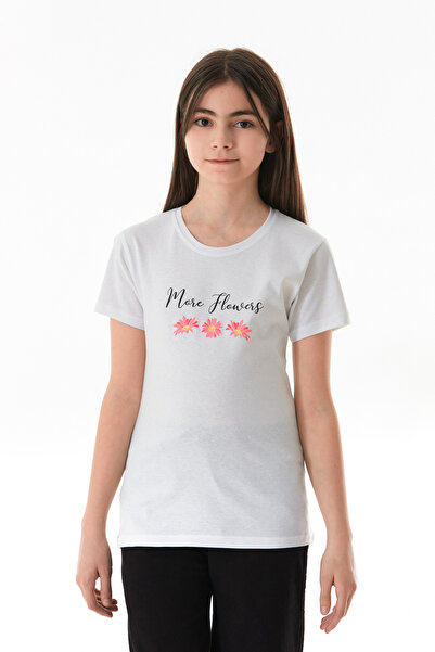 Fulla Moda Κοριτσίστικο μπλουζάκι από 100% βαμβακερό κείμενο και λουλούδι με στάμπα με λαιμόκοψη