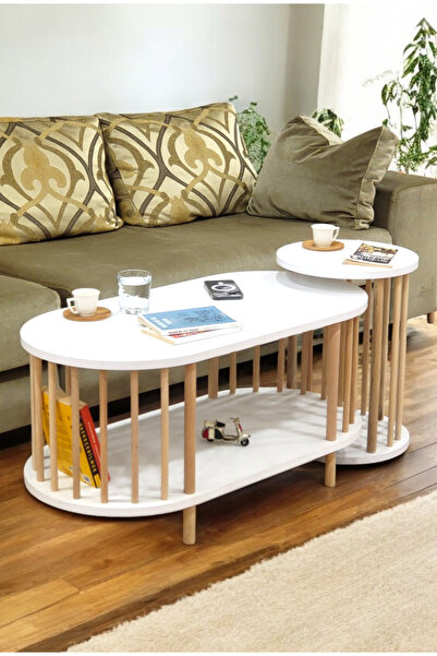 PEKA İkili Set Orta Sehpa Ahşap Ayaklı Sehpa iki Raflı Sehpa Dekoratif Sehpa ...