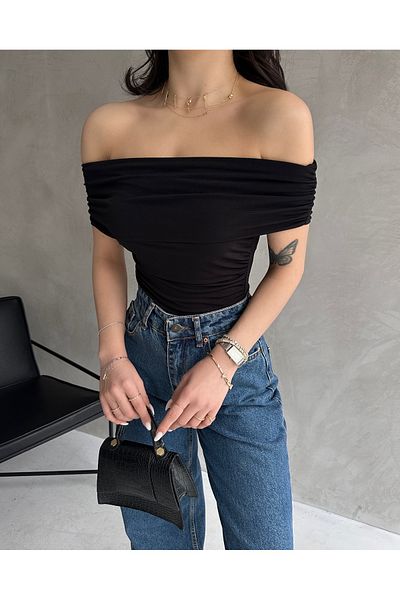 Fav Style Μαύρος γιακάς Madonna - Γυναικεία μπλούζα με συγκεντρωμένα πλαϊνά
