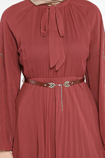 julude Dried Rose Front Tie Stone Detailed Belted Hijab Chiffon Dress