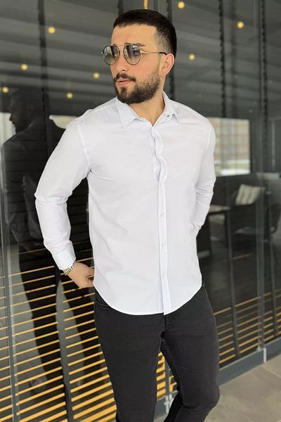 MİSHAR İTALİA Λευκό ανδρικό μακρυμάνικο πουκάμισο με κουμπωτά μπροστά