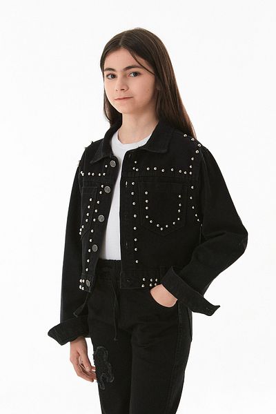 Fulla Moda Дънково яке с двоен джоб и перли за момичета