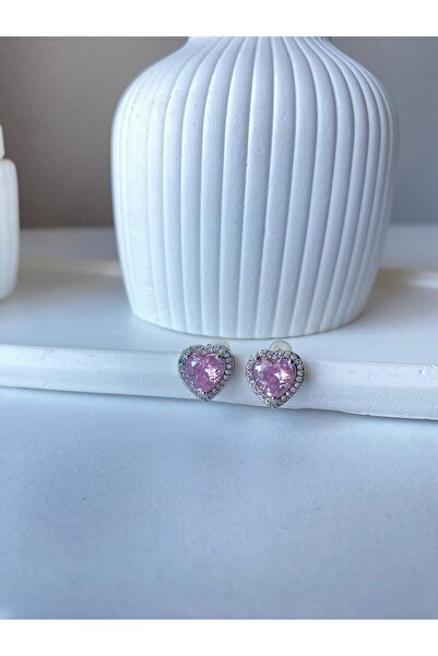 ASNA JEWELLERY Pembe Gümüş Kalp  Çelik Küpe