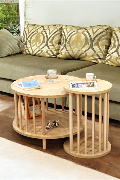 PEKA İkili Set Yuvarlak Orta Sehpa Ahşap Ayaklı Sehpa Iki Raflı Sehpa Dekorat...