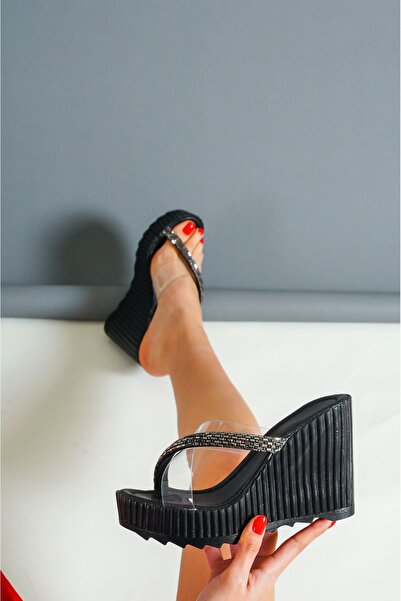 POLO PRESTIGE Dar Kalıp - Beblo Siyah Şeffaf Kadın Platform Terlik