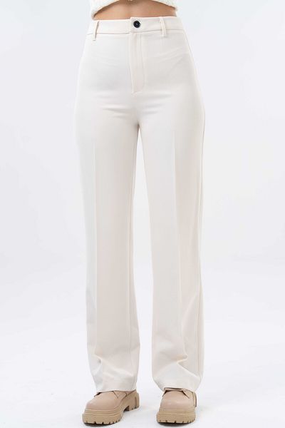 Saade Ecru High Waist Gathered Woven Straight Trousers