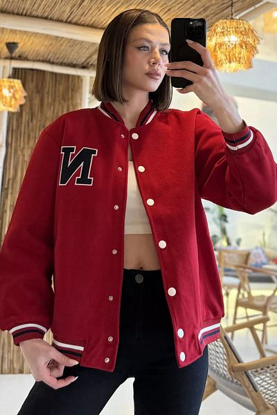 GÜLSELİ Red Women's Stripe Detailed Front Snap College Jacket