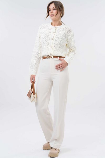 Saade Ecru High Waist Gathered Woven Straight Trousers