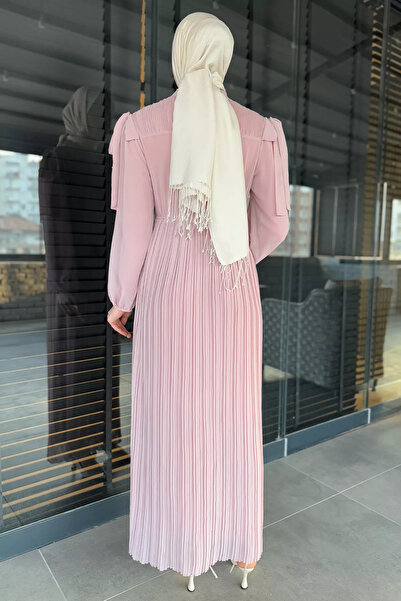 julude Powder Shoulder Detailed Pleated Hijab Chiffon Dress