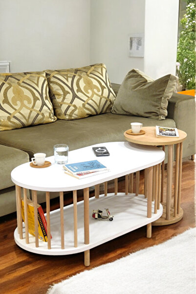 PEKA İkili Set Orta Sehpa Ahşap Ayaklı Sehpa iki Raflı Sehpa Dekoratif Sehpa ...