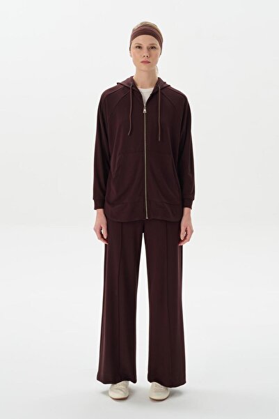 KADRİYE BAŞTÜRK Modal Knitted Hooded Oversize Cardigan Brown