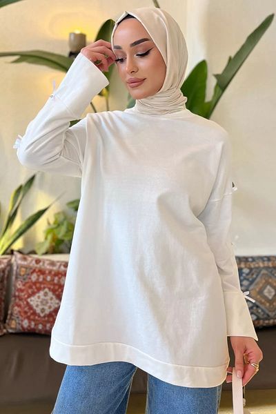 julude White Women's Crew Neck Bow and Stone Detailed Hijab Tunic