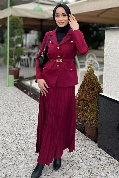 julude Βουργουνδία Γυναικεία Ζώνη Αξεσουάρ Blazer Jacket Φούστα Hijab Διπλό Σετ