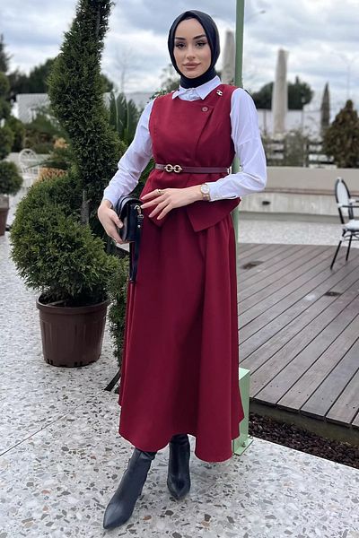 julude Βουργουνδία Γυναικεία Ζώνη Αξεσουάρ Καρφίτσα Γιλέκο Φούστα Hijab Διπλό Σετ