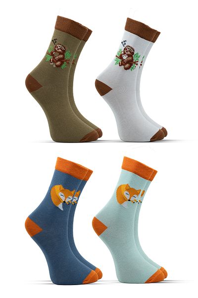 STOCALZE Unisex Cotton Fox Koala Special Patterned 4 Different Colored Flexible Anti-Sweat Comfortable Socks