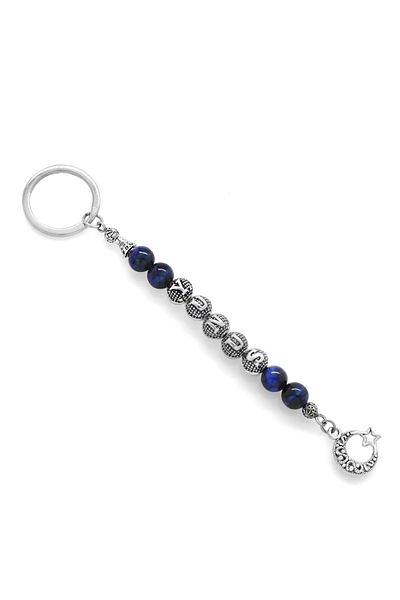 Tesbihane Non-Tarnish Metal Name Written Blue Tiger Eye Natural Stone & Steel Combination Keychain