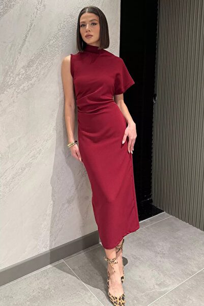 GÜLSELİ Burgundy Slit Waist Draped Women's Dress