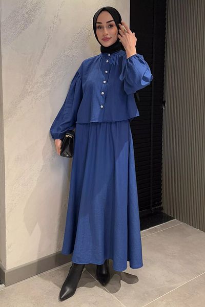 julude Indigo Pocket Λεπτομερή Πουκάμισο Φούστα Hijab Διπλό Σετ