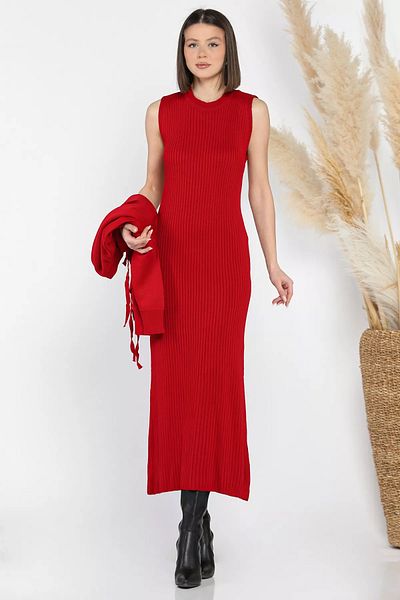 GÜLSELİ Red Women's Pearl and Stone Embroidered Knitwear Dress Cardigan Double Set