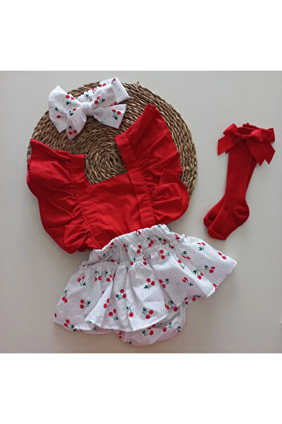 MARS BABY Kız Bebek Kırmızı Kiraz Desenli Fırfırlı Salopet Bandana Fiyonklu Ç...