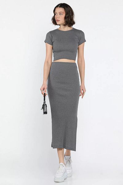 GÜLSELİ Smoked Crew Neck Midi Length Lycra Slit Camisole Women's Double Suit