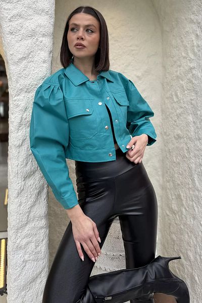 GÜLSELİ Koyumint Women's Double Pocket Snap Crop Top Faux Leather Jacket