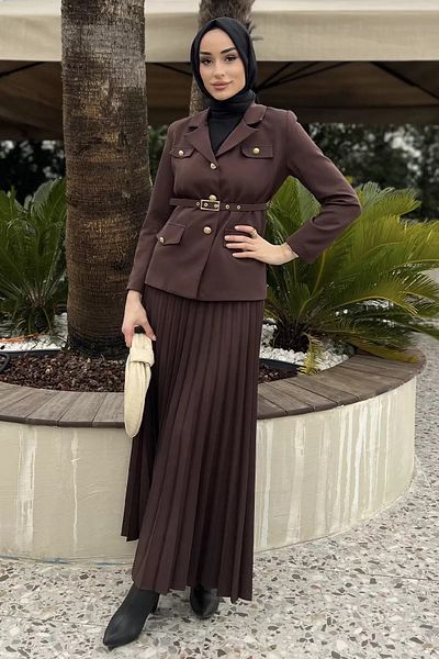 julude Καφέ Γυναικεία Ζώνη Αξεσουάρ Blazer Jacket Φούστα Hijab Διπλό Σετ