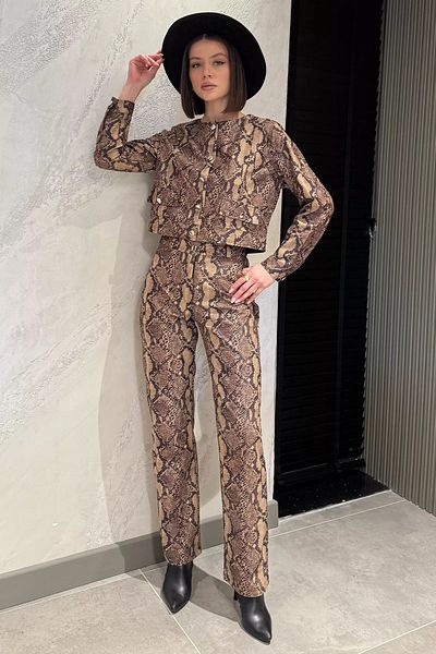 GÜLSELİ Mink Self-Patterned Women's Jacket Pants Double Set