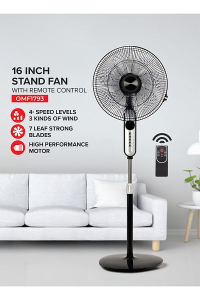 Olsenmark 16 Inch Classic Stand Fan With Remote - Pedestal Fan 6 Leaf Blade Omf1793
