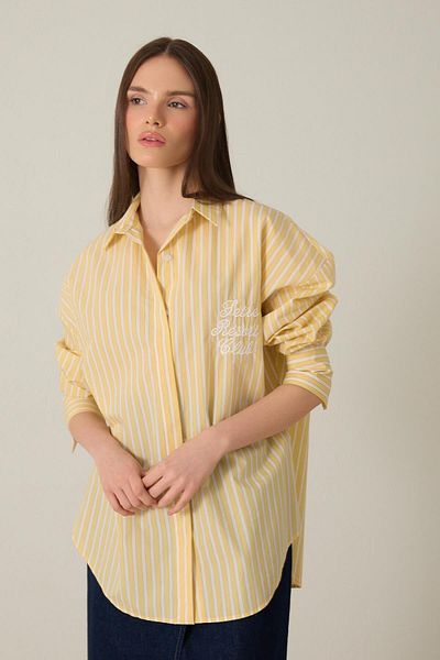 Setre Yellow Embroidery Detailed Striped Long Sleeve Oversize Shirt