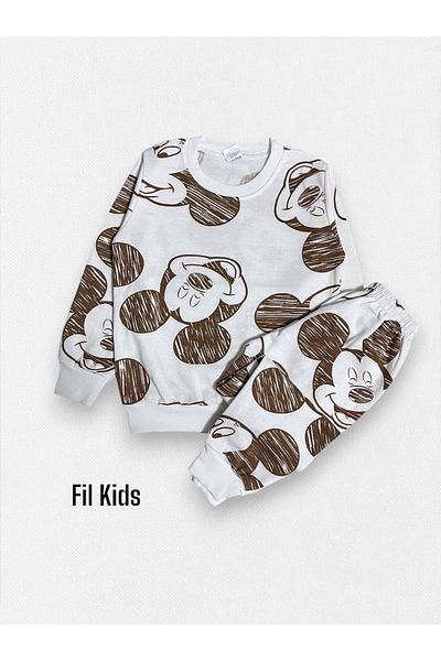 Fil Kids Set de pijamale de iarnă cu mânecă lungă, 100% bumbac, alb, cu model Mickey