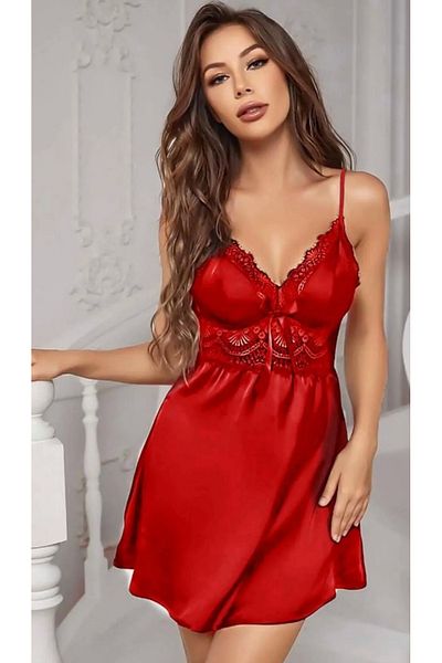 MODELLİFE Cămașă de noapte roșie sexy din satin - detaliu cu bretele legate, dantelă și fante pe spate
