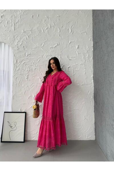 Marjinal Kadın Fisto Tam Astarlı Pembe Uzun Elbise