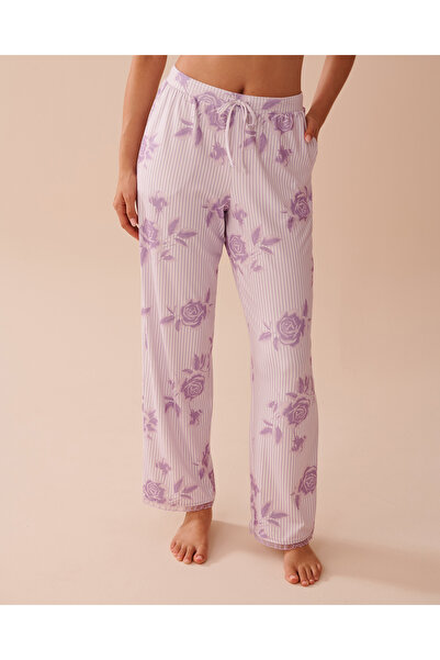 La Vie en Rose بنطال بيجامة فائق النعومة بطبعة وردة أرجوانية