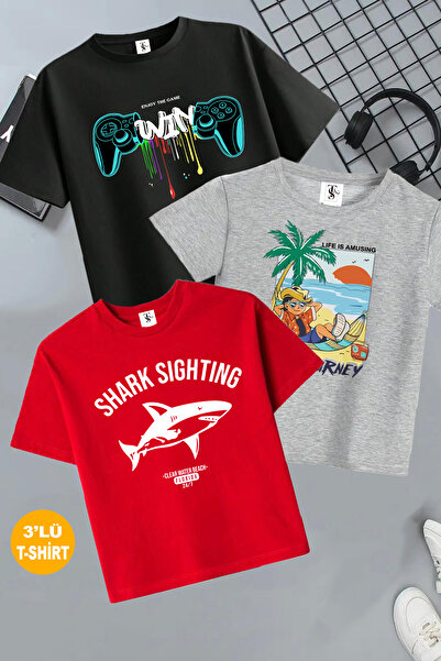 twins tailors Sea Landscape nyomtatott 3 csomagos uniszex piros-fekete-szürke gyerek pólók