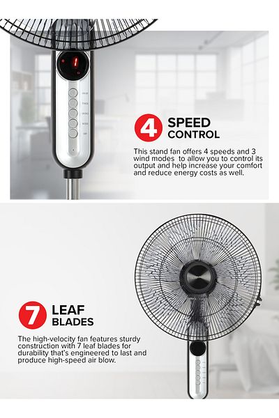 Olsenmark 16 Inch Classic Stand Fan With Remote - Pedestal Fan 6 Leaf Blade Omf1793