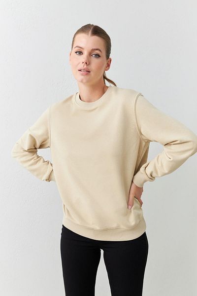 Setre Beige Colored Basic Long Sleeve Crew Neck Sweatshirt