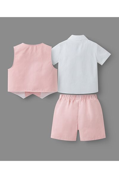 Mark & Mia Mark & Mia 100% Cotton Solid Short Sleeves Party Suit with Waist Coat & Bow - Pink & White