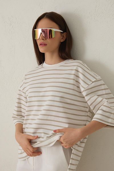 Setre Ecru-Ash 100% Cotton Stripe Detail Short Sleeve T-Shirt