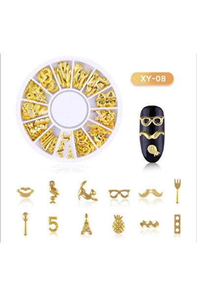 arasia Protez Tırnak Süsleme Nail Art Altın Renkli Karışık Figür Seti Charm S...