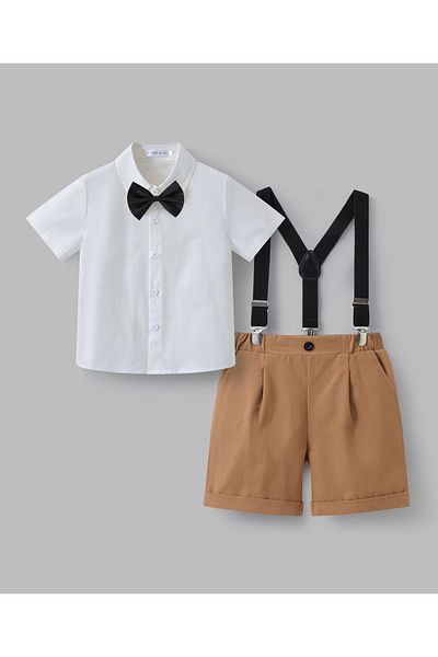 Mark & Mia Mark & Mia Short Sleeve Shirt and Pair of Shorts with Suspenders Party Set - White and Brown
