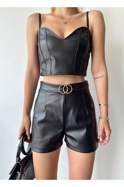 Miss Prova Leather Shorts with Buckle Detail Misssr24444