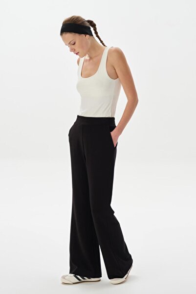 KADRİYE BAŞTÜRK Modal Knitted Ribbed Flare Trousers Black