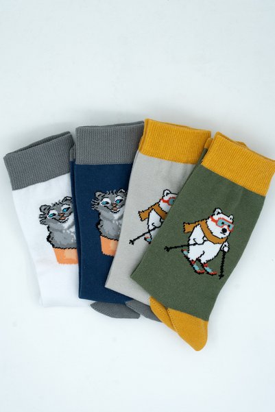 STOCALZE Unisex Cotton Cat and Bear Special Patterned 4 Different Colored Flexible Anti-Sweat Comfortable Socks