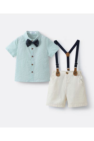 Mark & Mia Mark & Mia Short Sleeve Shirt and Pair of Shorts with Suspenders Party Set - Green and Cream