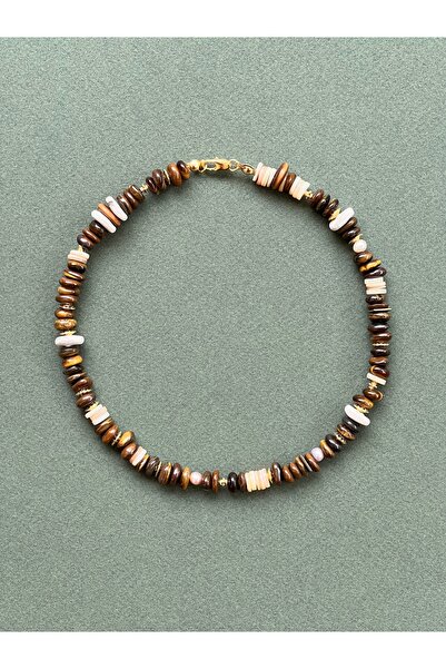 L´Atelier des Perles CafeNacre Necklace Doğal Kaplan Gözü Taşlı,Sedef ve İncili Kolye