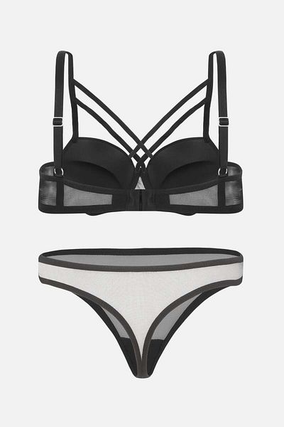 Wonna Σετ Desire Μαύρο Σουτιέν και Εσωρούχο - Push Up Padding, Underwire - Λεπτομέρεια από Τούλι 2489